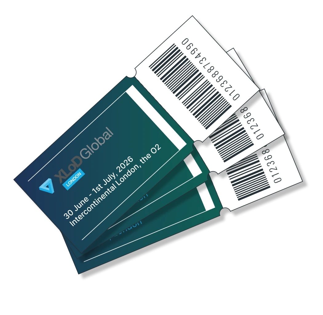 Illustration of conference passes with the text "XLoD Global" "30 June - 1st July 2026" "Intercontinental London, the O2", representing the free tickets 1GLOBAL are offering.