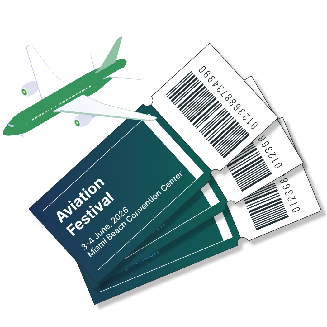 Tickets for the Aviation Festival on June 3-4, 2026, at Miami Beach Convention Center, with a green airplane icon.
