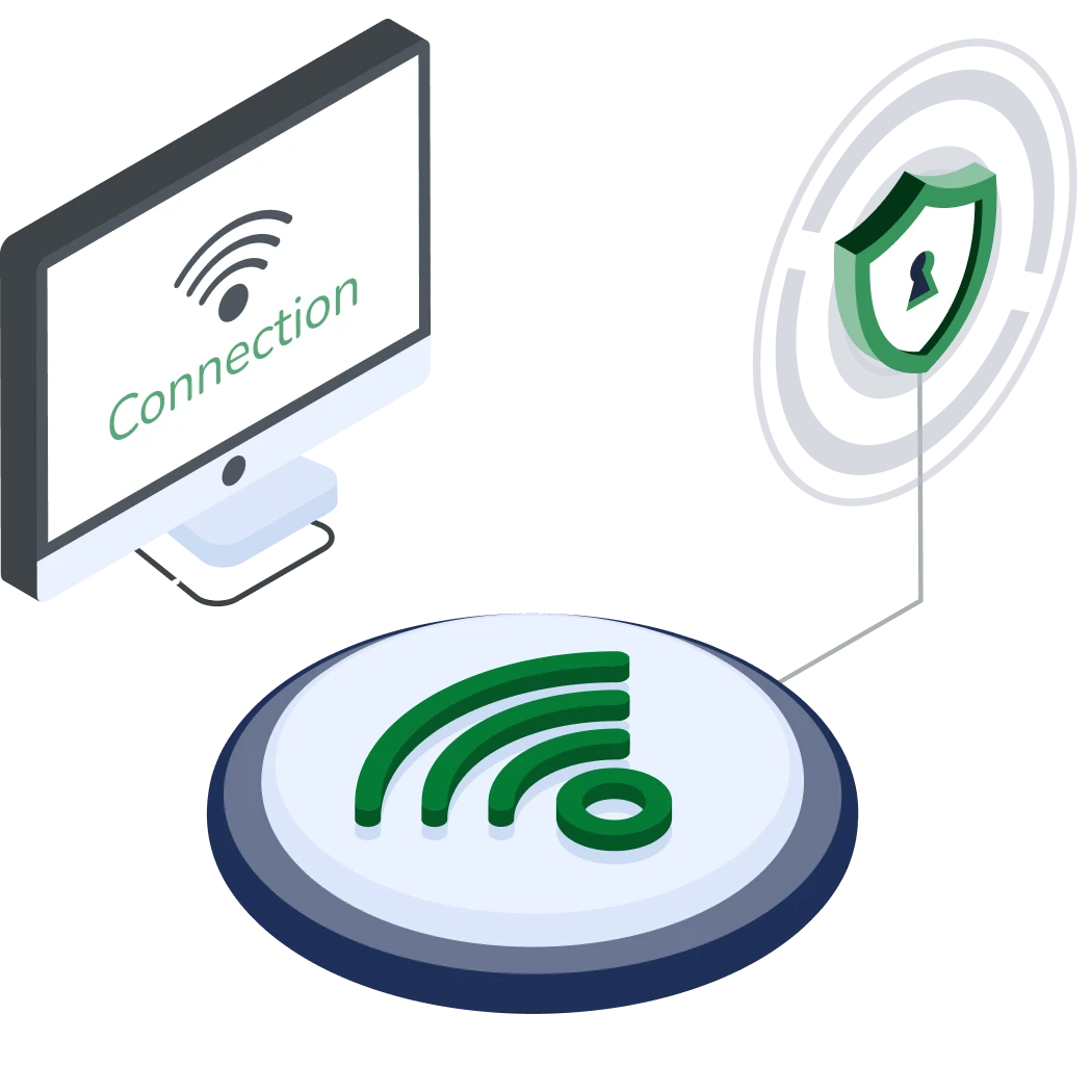 Illustration of a computer monitor displaying "Connection," linked to a large Wi-Fi symbol, and a shield with a keyhole, symbolizing secure internet.