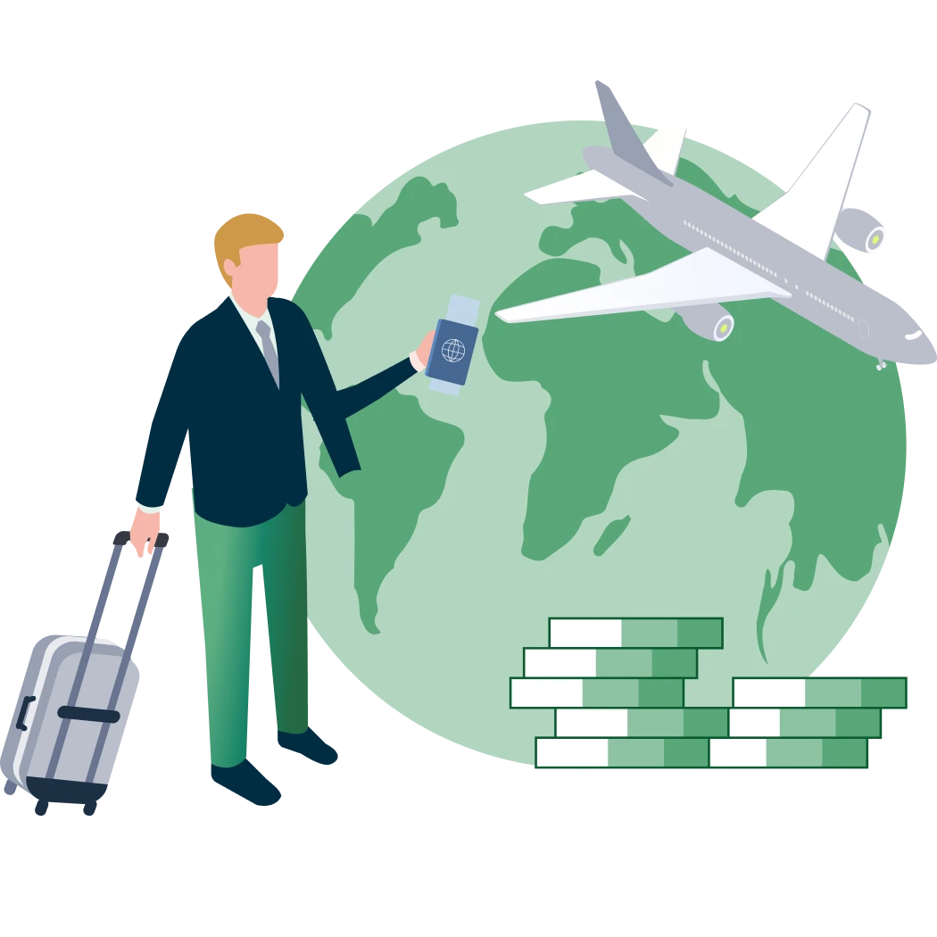 Illustration showing a man with a passport and suitcase, next to a globe, airplane and boxes demonstrating money, representing the aviation industry relating to Electronic Flight Bag (EFB).