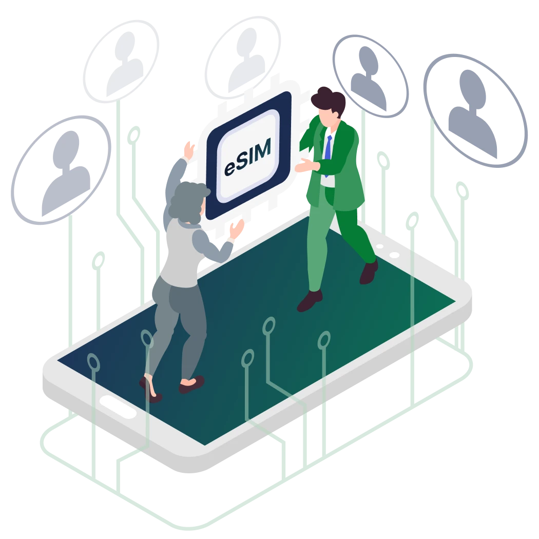 Two people interact with a floating eSIM icon above a smartphone, surrounded by circuit-like silhouettes.