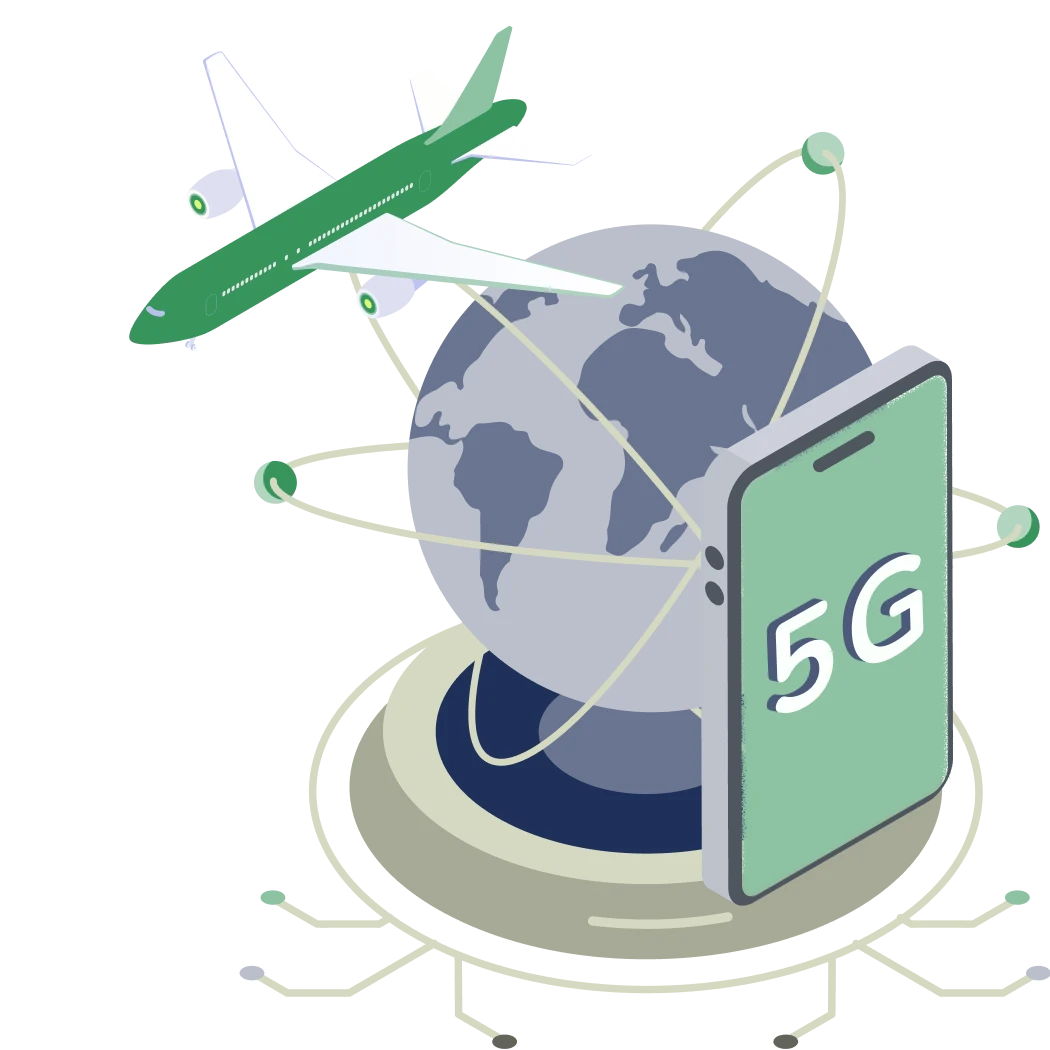 A globe with orbiting nodes, a green airplane, and a large smartphone displaying "5G," symbolizing global connectivity and technology for aviation partners.
