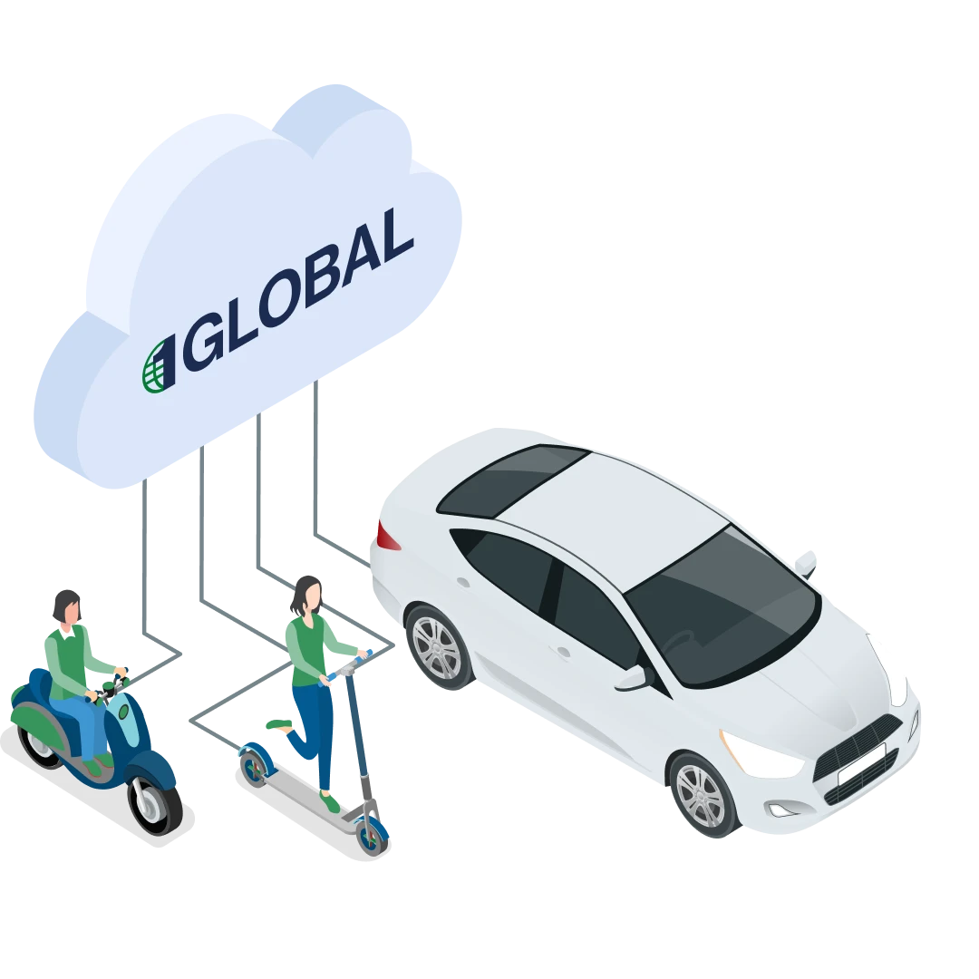 Illustration of a white car and two people on scooters under a cloud labeled "1Global," with cloud-connected lines to symbolize connectivity.
