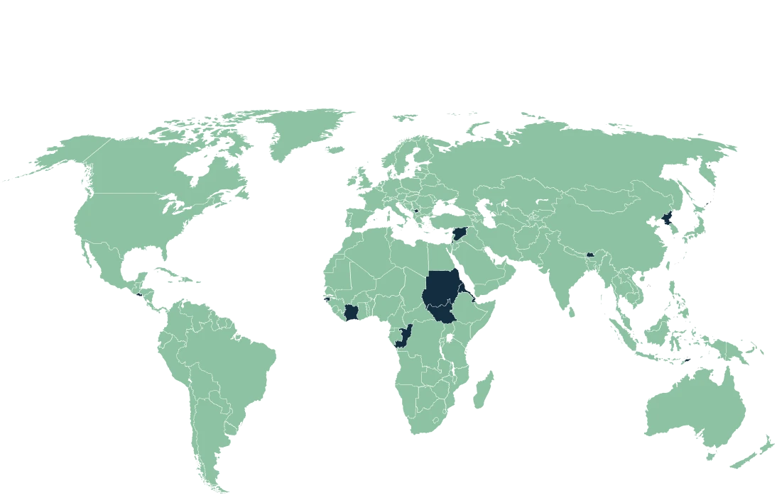 Green world map highlighting 190+ countries 1GLOBAL has coverage in.
