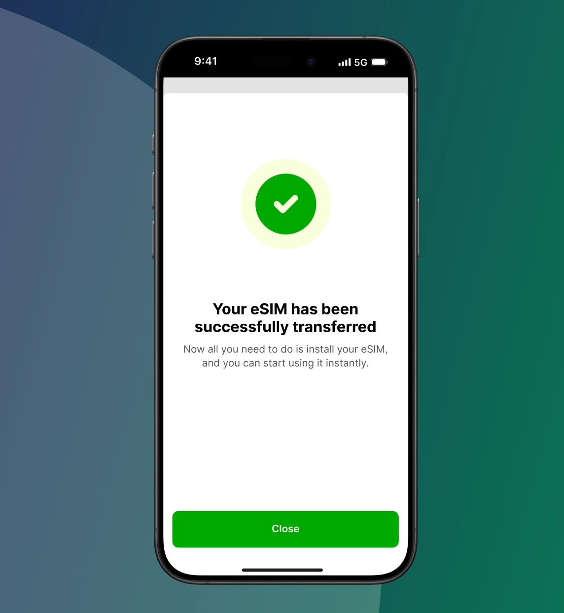 iPhone showing a screen with a successfully installed esim. Screen reads "Your eSIM has been successfully transferred". The screen is showning how KPN customers can now transfer their esim with 1 click