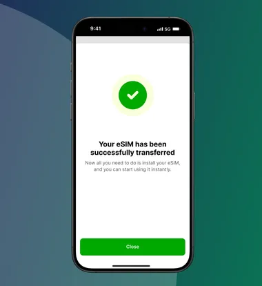 iPhone showing a screen with a successfully installed esim. Screen reads "Your eSIM has been successfully transferred". The screen is showning how KPN customers can now transfer their esim with 1 click