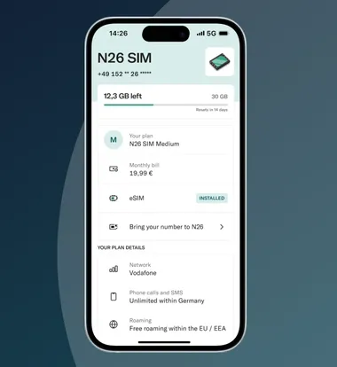 Smartphone screen displaying a mobile plan summary on the n26 app powered by 1GLOBAL