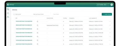 A tablet screen displaying 1GLOBAL's IoT eSIM management interface with a list of device IDs, profiles, and timestamps for creation and updates.