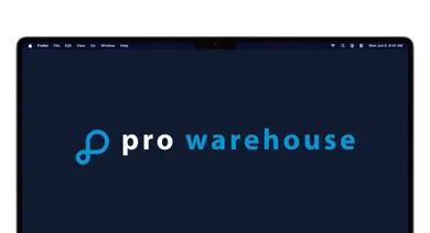 A dark blue screen displays the text "Pro Warehouse" logo in white and blue, with a white circular logo to the left.