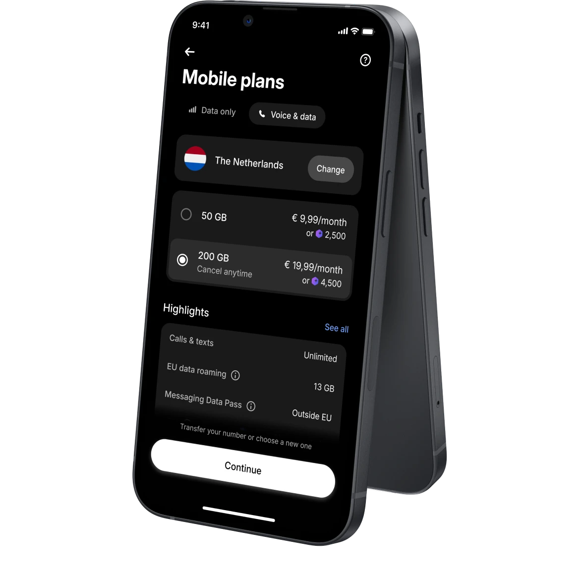A smartphone displays mobile plan options for the Netherlands with choices of 50 GB or 200 GB, prices in euros, and plan highlights like unlimited calls.