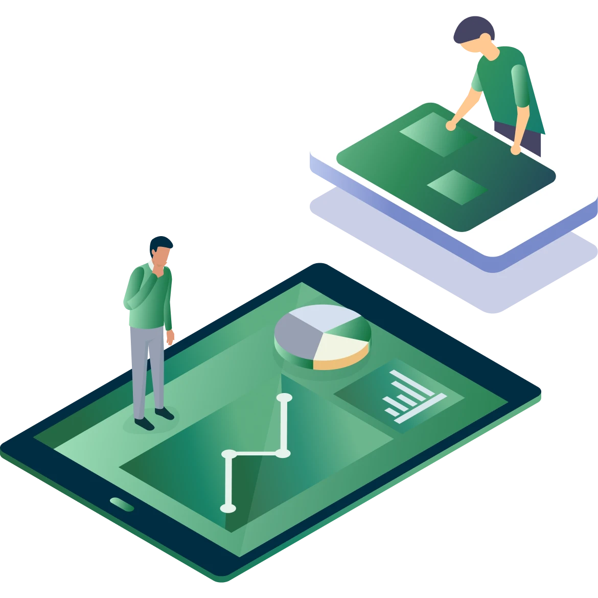 Isometric illustration of two employees interacting with large digital tablets displaying graphs and charts.