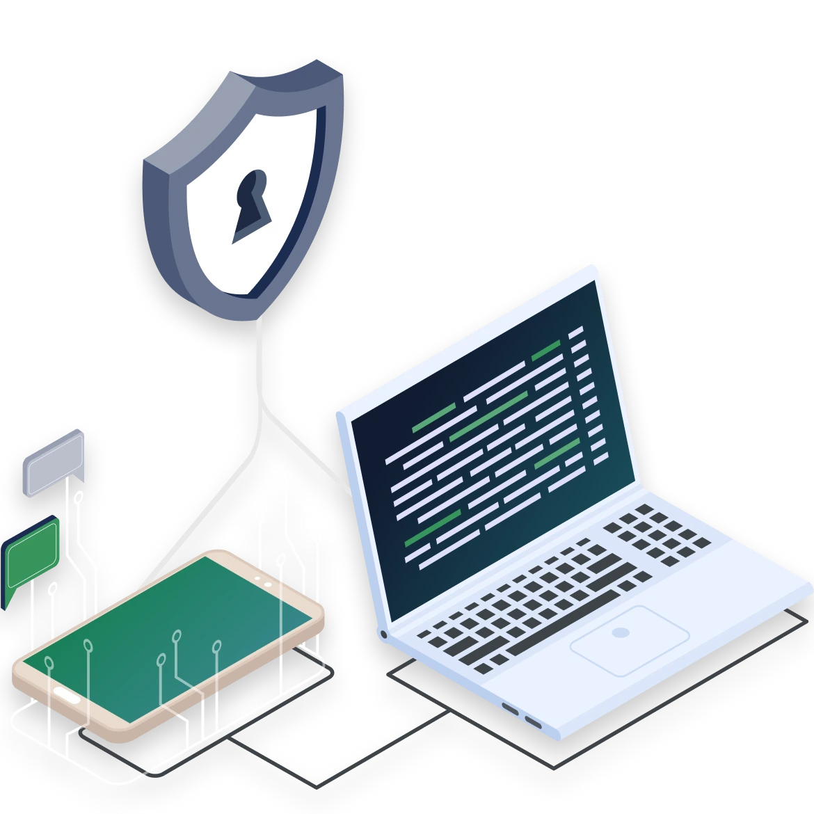 Illustration of a phone with speech bubbles and a security icon, alongside a laptop, representing call recording and transcription in line with compliance.