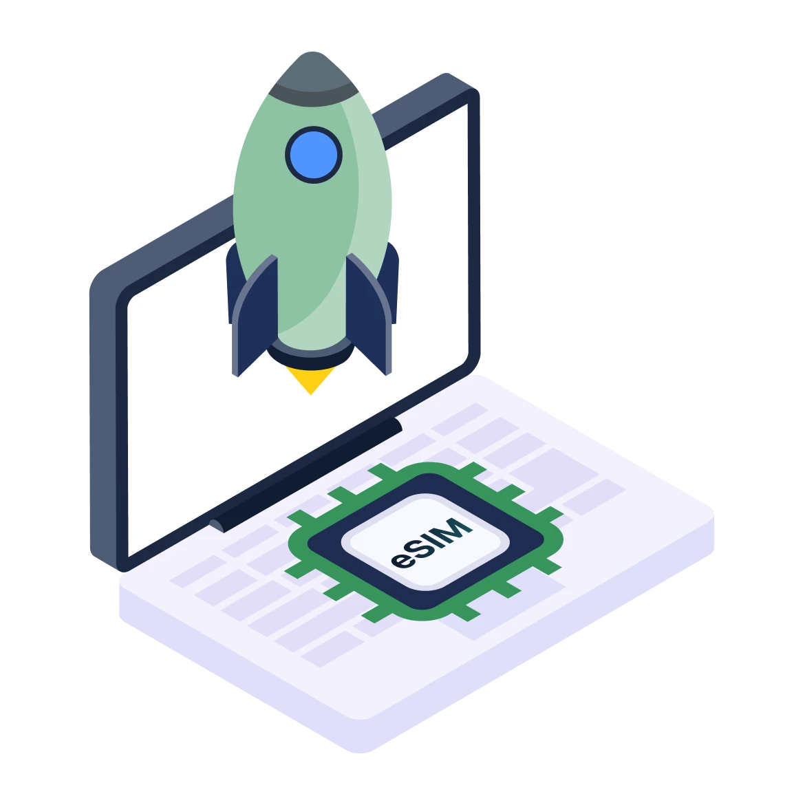 Isometric illustration of a laptop with a rocket launching from its screen and an eSIM chip on the keyboard.