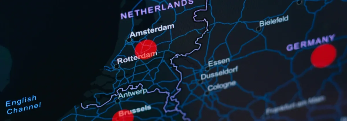 An electronic map of Europe centering on Amsterdam