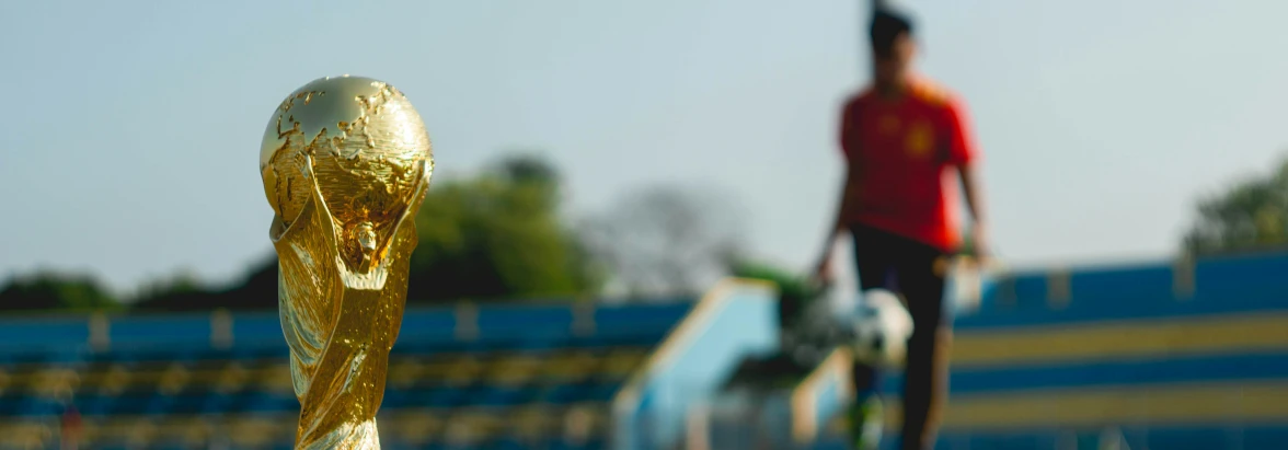 A closeup of the FIFA World cup trophy