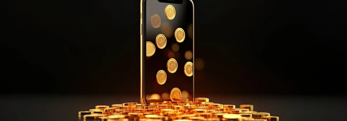 A smartphone surrounded by gold coins