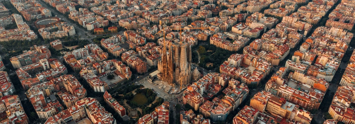 An birds-eye view of old town Barcelona with cathedral