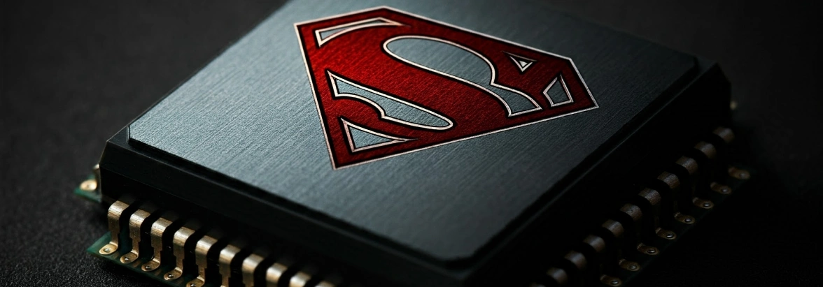 A Closeup of a Chip branded like Superman