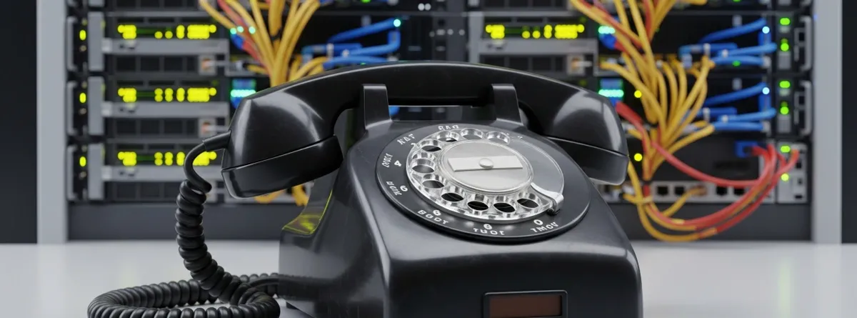 A rotary telephone in front of a computer server