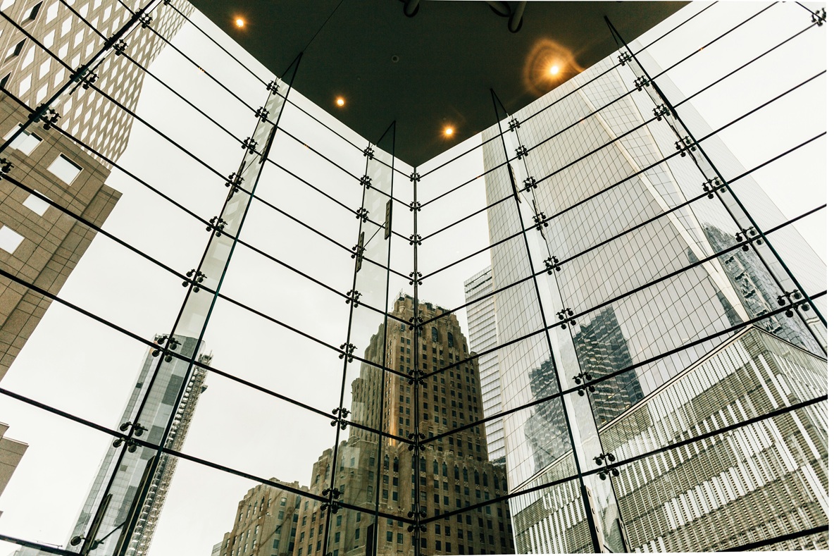 Skyscrapers reflected in a window mosaic