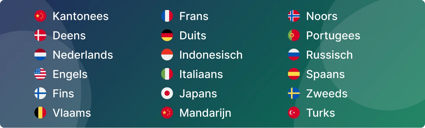 List of countries multilingual call transcription and translation is available in with flags and a green background.