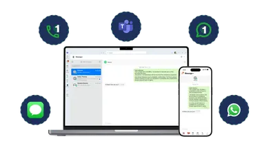 Laptop and mobile phone screens displaying the interfaces of Message+, with icons that show what apps are supported