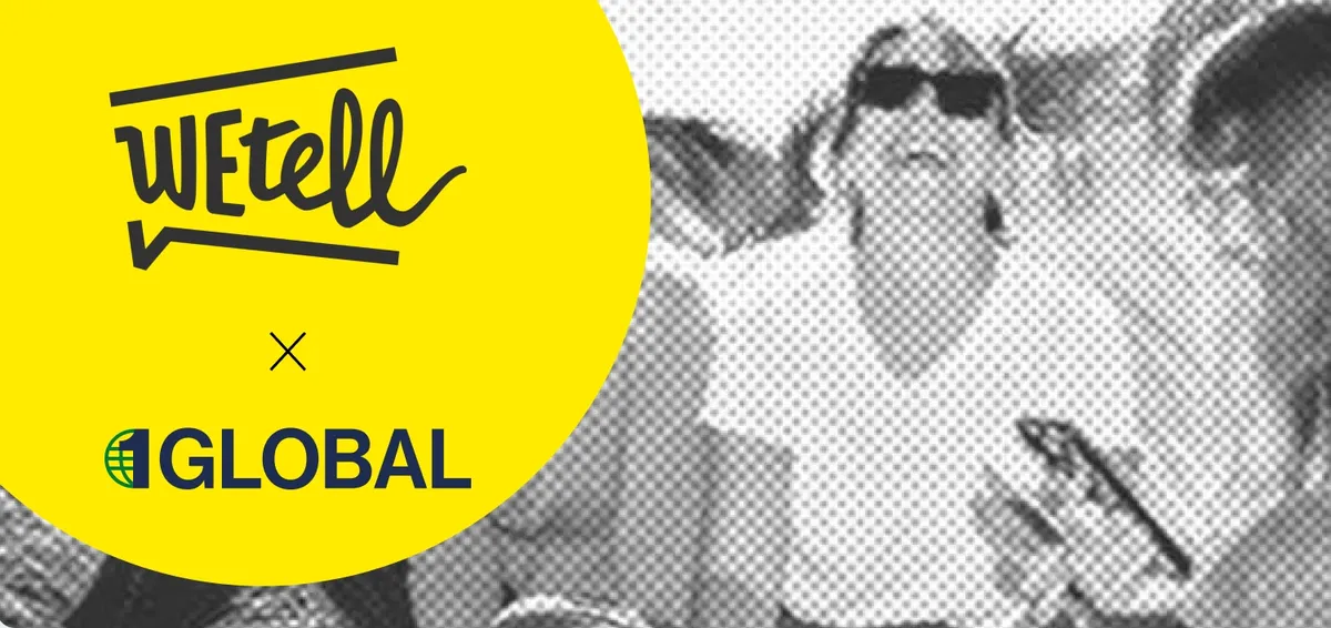 1GLOBAL teams with WEtell - logos of both companies in a yellow circle next to a graded image of a smiling woman