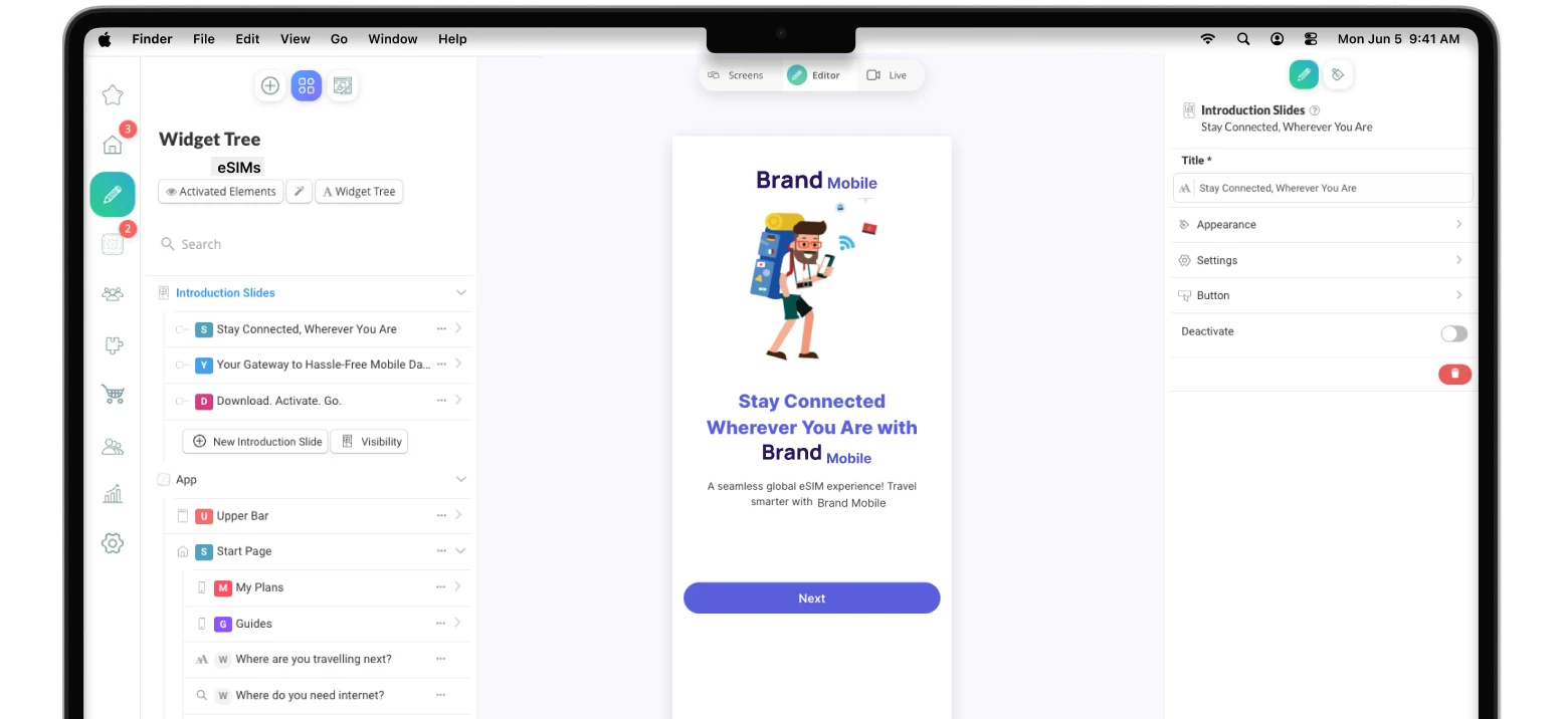 Screenshot on laptop of a mobile mockup titled "Brand Mobile" with illustration, text and blue "Next" button