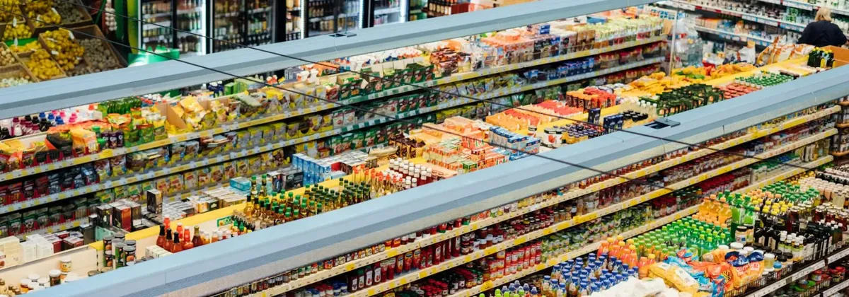 Shelves in a large grocery store