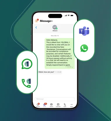 a phone and laptop showing the 1GLOBAL message + interface on microsoft teams