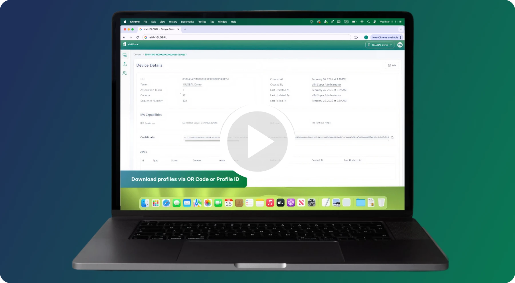 Laptop displaying a web page with device details and download options, set against a teal background. Central play button over the screen.