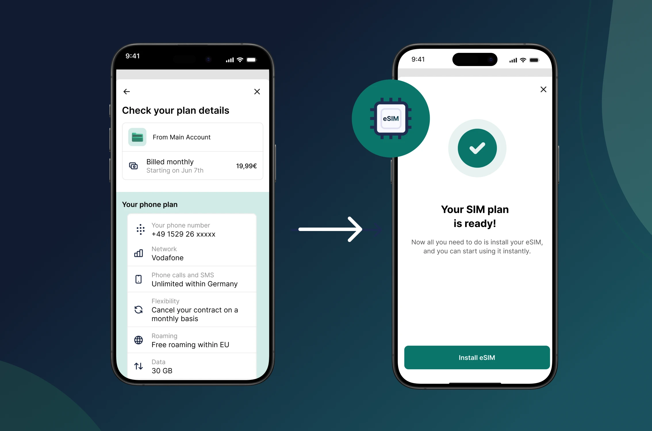 N26 app showing an esim plan ready to install via the 1GLOBAL network