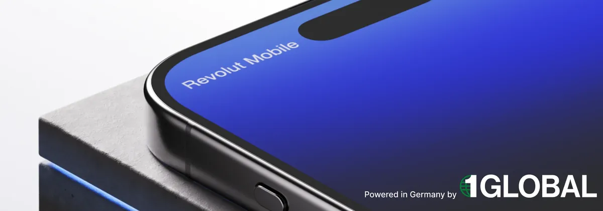A smartphone screen with the caption "powered in Germany by 1GLOBAL"