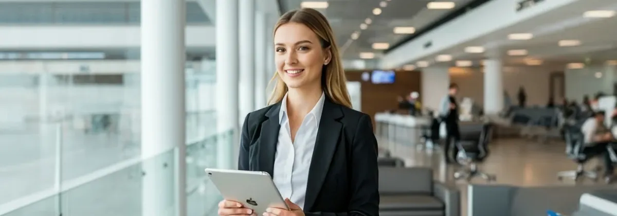 Business woman holding a tablet iPad with a 1GLOBAL eSIM at an airport terminal