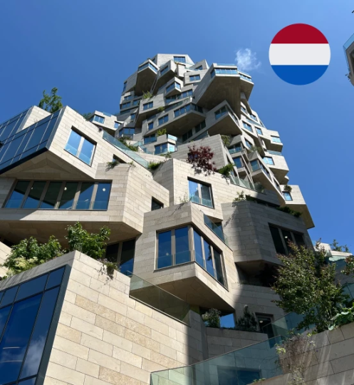 A snapshot of the 1GLOBAL Holdings BV office building in Amsterdam, Netherlands. Dutch flag icon in the corner.