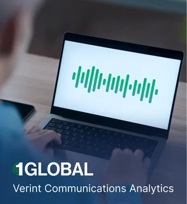 Computer screen with speech recording and the 1GLOBAL logo and Verint Communications Analytics product name, representing the press release of this new product.