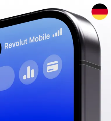 Close-up of a smartphone screen with the Revolut Mobile app open, showing signal bars. German flag icon in the top corner, representing Revolut launching domestic eSIMs in Germany.