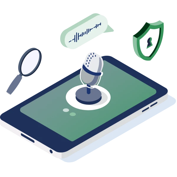 Illustration of a smartphone with a microphone, alongside speech bubble, security icon and magnifying glass. Representing the recording and insightful possibilities with Communications Analytics.