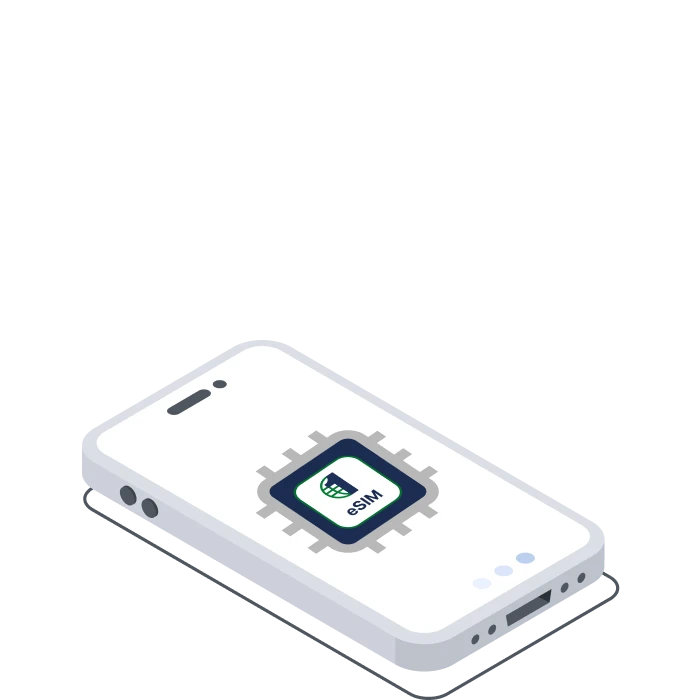 Illustration of a smartphone with eSIM chip and Apple logo and security label.