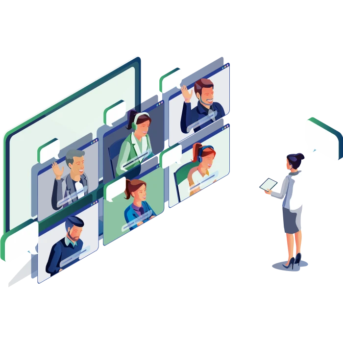 Illustration of 6 people on screens and one person speaking holding an iPad.