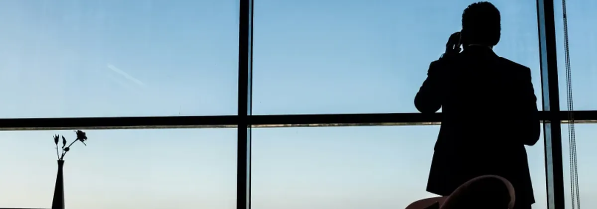 The Shadow Archive - silhouette of a man speaking on a mobile in front of a large window