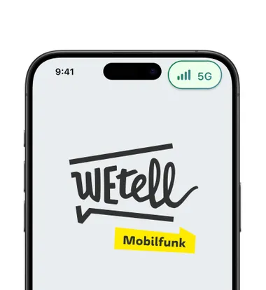 A smartphone screen displaying the WeTell logo with "Mobilfunk" in a yellow box, and a 5G signal icon at the top right.