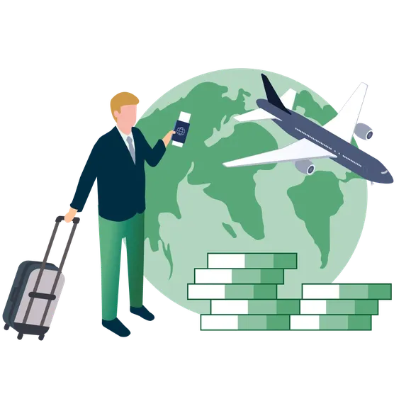 Illustration of a business traveller with a suitcase and passport, standing by stacks of money signifying high roaming costs with a globe and airplane in the background.